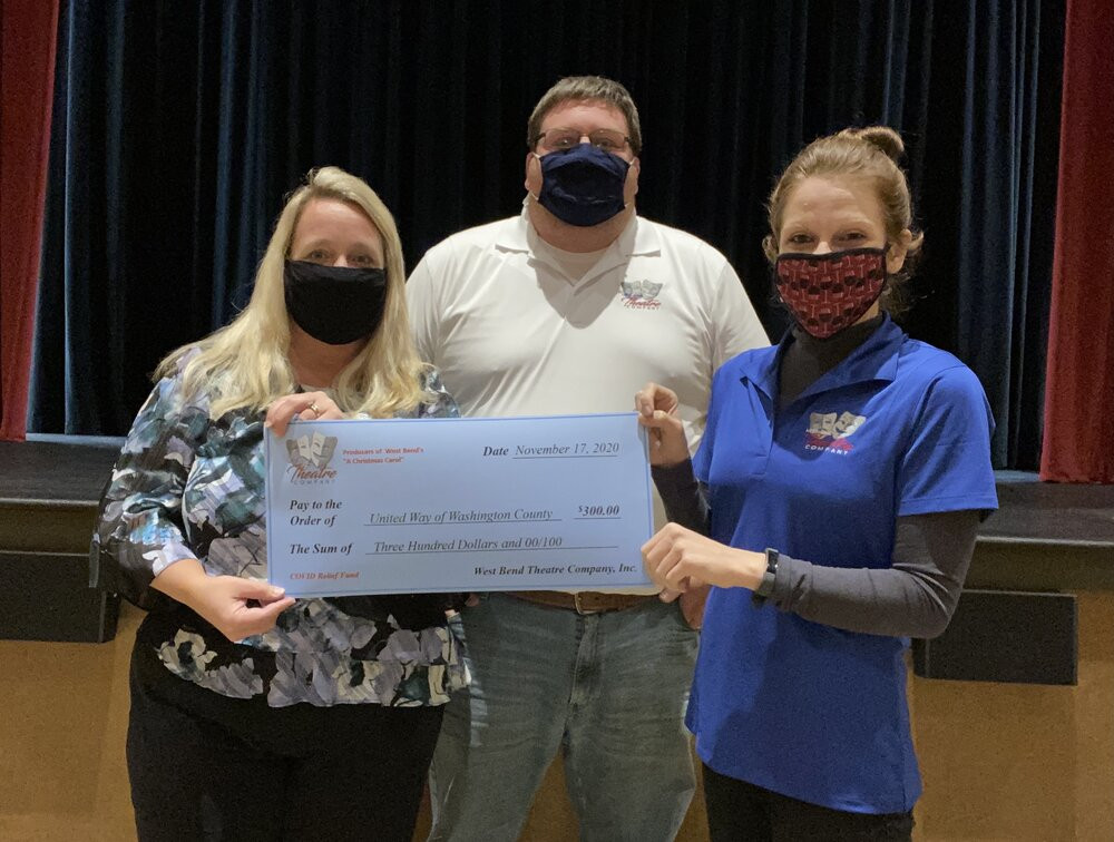 From left, Kristin Brandner, executive director United Way of Washington County; Nicholas Dettmann (West Bend Theatre Company board of directors member); Megan Bell (West Bend Theatre Company board of directors member).